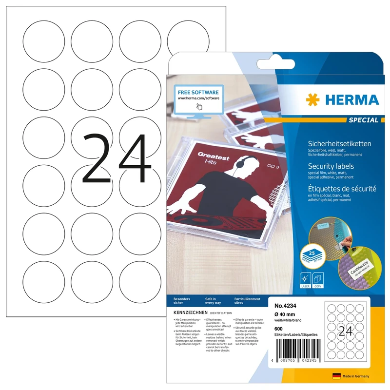 HERMA Self Adhesive Anti Tamper Security Labels, 24 Labels per A4 Sheet, 800 Sheets, Ø 40 mm, 19200 Labels, Blank Round Special Film Labels Stickers, Sticky Dots for Laser Printer, White