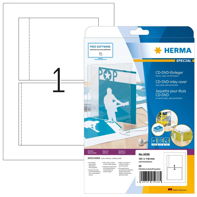 HERMA CD Jewel Case Inserts, 1 Piece Labels per A4 Sheet, 800 Sheets, 151 x 118 mm, 800 Pieces, Blank CD Case Inlays, Printable Card Inserts for Laser & Inkjet Printer, White