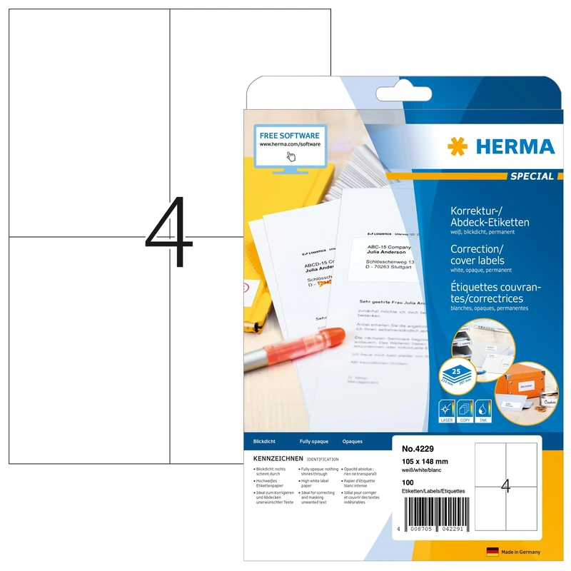 HERMA Self Adhesive Correction Labels, 4 Labels per A4 Sheet, 800 Sheets, 105 x 148 mm, 3200 Labels, Blank Opaque Labels Stickers, Sticky Labels for Laser & Inkjet Printer, White