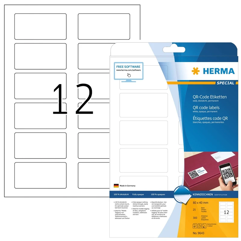 HERMA Self Adhesive QR Code Labels, 12 Labels per A4 Sheet, 800 Sheets, 80 x 40 mm, 9600 Labels, Blank Opaque Product Code Labels Stickers, Sticky Labels for Laser & Inkjet Printer, White