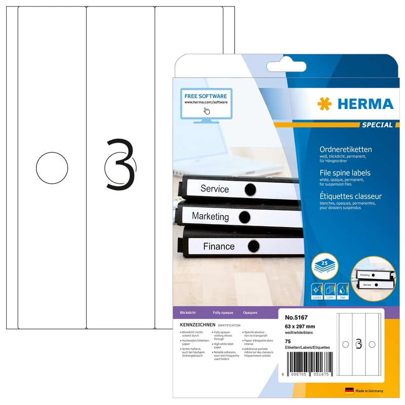 HERMA Self Adhesive Spine Labels, 3 Labels per A4 Sheet, 800 Sheets, 63 x 297 mm, 2400 Labels, Blank Suspension Lever Arch File Folder Stickers, Sticky Labels for Laser & Inkjet Printer, White