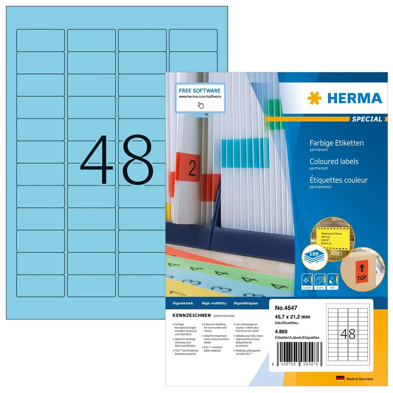 HERMA Self Adhesive Coloured Labels, 48 Labels per A4 Sheet, 1400 Sheets, 45.7 x 21.2 mm, 67200 Labels, Blank Colour Labels Stickers, Sticky Labels for Laser & Inkjet Printer, Blue