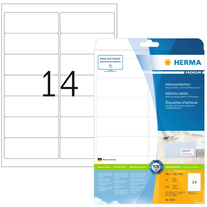 HERMA Self Adhesive Multipurpose Labels, 14 Labels per A4 Sheet, 320 Sheets, 99.1 x 38.1 mm, 4480 Labels, Blank Universal Labels Stickers, Sticky Labels for Laser & Inkjet Printer, White