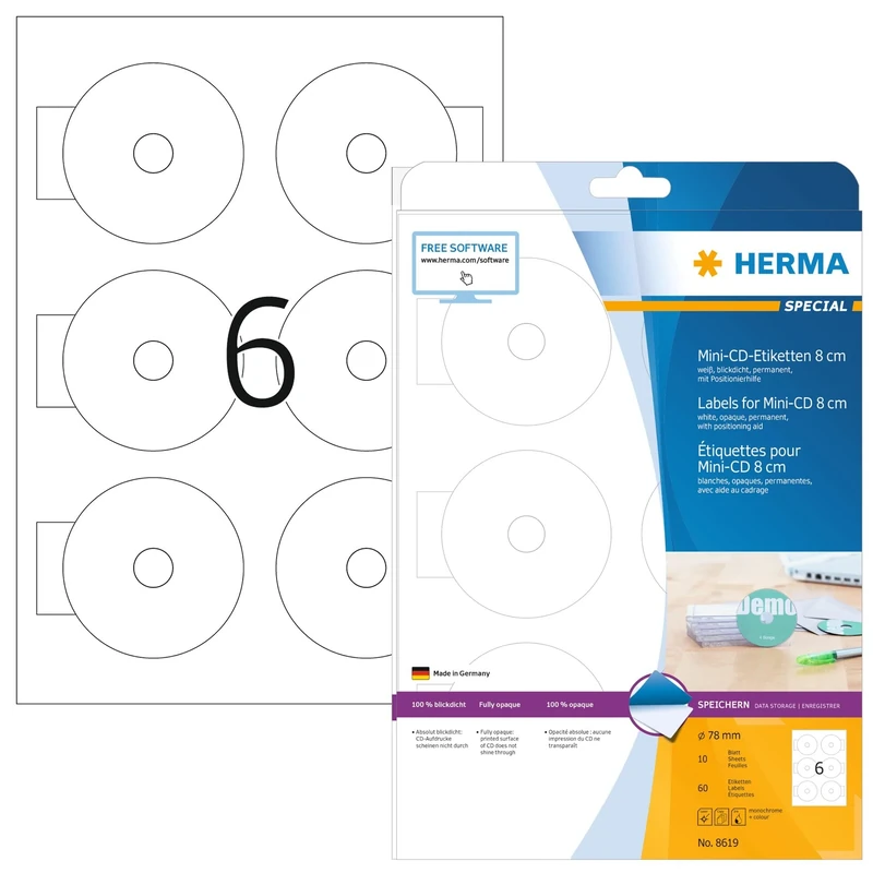 HERMA Self Adhesive Full Face Mini CD Labels, 6 Labels per A4 Sheet, 320 Sheets, Ø 78 mm, 1920 Labels, Blank Opaque CD Labels Stickers, Sticky Labels for Laser & Inkjet Printer, White