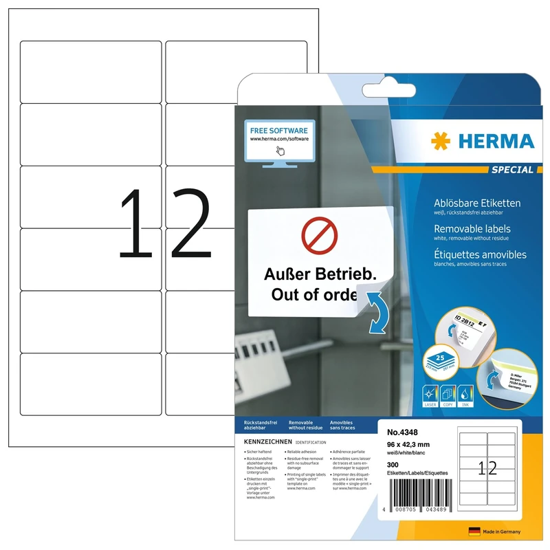 HERMA Self Adhesive Removable Labels, 12 Labels per A4 Sheet, 800 Sheets, 96 x 42.3 mm, 9600 Labels, Blank Multipurpose Labels Stickers, Sticky Labels for Laser & Inkjet Printer, White