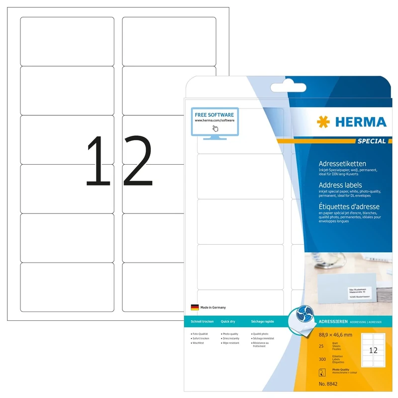 HERMA Self Adhesive Inkjet Address Labels, 12 Labels per A4 Sheet, 800 Sheets, 88.9 x 46.6 mm, 9600 Labels, Blank Mailing Labels Stickers, Sticky Labels for Inkjet Printer, White