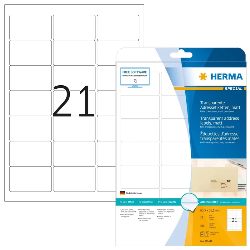 HERMA Self Adhesive Clear Film Labels, 21 Labels per A4 Sheet, 800 Sheets, 63.5 x 38.1 mm, 16800 Labels, Blank Weatherproof Labels Stickers, Sticky Labels for Laser & Inkjet Printer, Transparent
