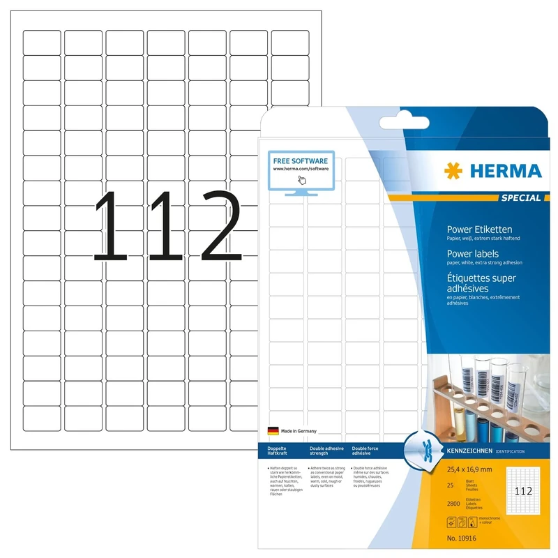 HERMA Extra Strong Adhesive Labels, 112 Labels per A4 Sheet, 800 Sheets, 25.4 x 16.9 mm, 89600 Labels, Blank Heavy Duty Labels Stickers, Sticky Labels for Laser & Inkjet Printer, White