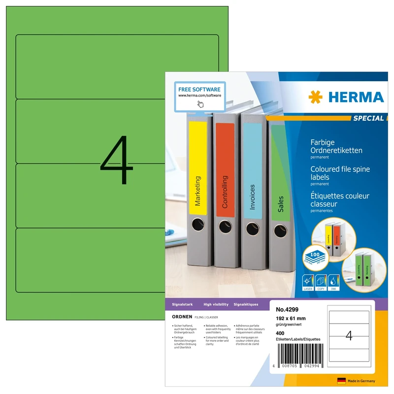 HERMA Self Adhesive Spine Labels, 4 Labels per A4 Sheet, 1400 Sheets, 192 x 61 mm, 5600 Labels, Blank Lever Arch File Folder Labels Stickers, Sticky Labels for Laser & Inkjet Printer, Green