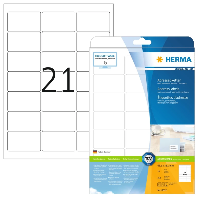 HERMA Self Adhesive Address Labels, 21 Labels per A4 Sheet, 320 Sheets, 63.5 x 38.1 mm, 6720 Labels, Blank Mailing Labels Stickers, Sticky Labels for Laser & Inkjet Printer, White