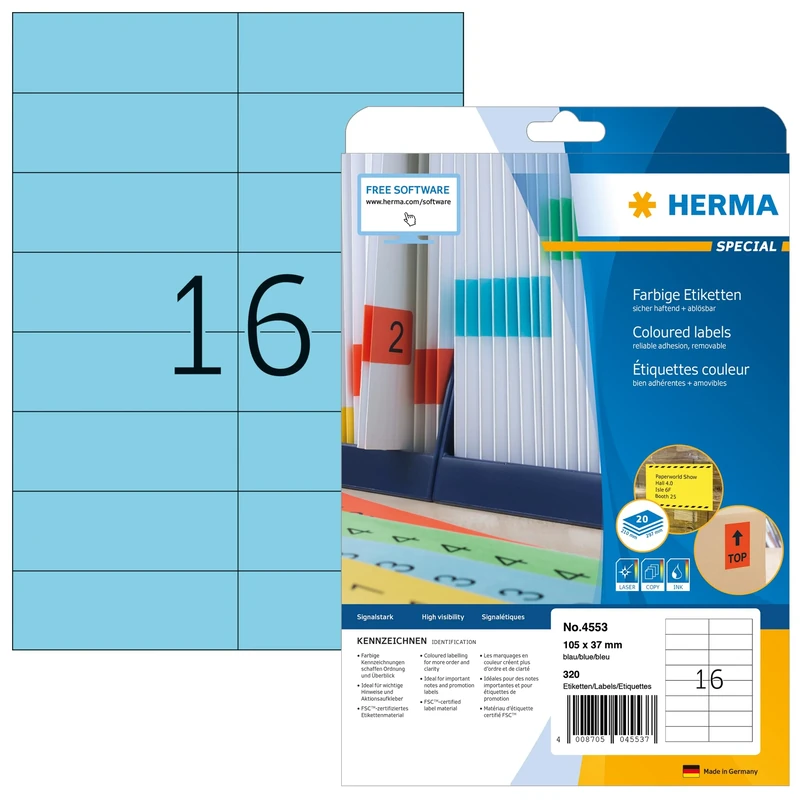 HERMA Self Adhesive Coloured Labels, 16 Labels per A4 Sheet, 640 Sheets, 105 x 37 mm, 10240 Labels, Blank Removable Colour Labels Stickers, Sticky Labels for Laser & Inkjet Printer, Blue