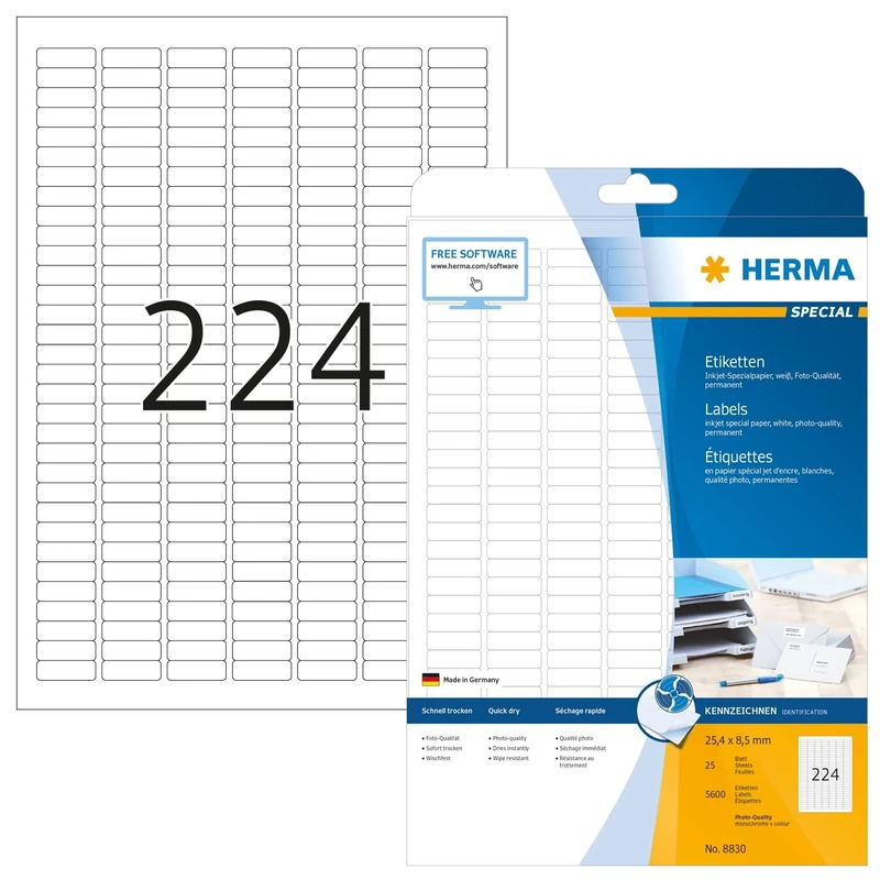 HERMA Self Adhesive Multipurpose Inkjet Labels, 224 Labels per A4 Sheet, 800 Sheets, 25.4 x 8.5 mm, 179200 Labels, Blank Universal Labels Stickers, Sticky Labels for Inkjet Printer, White