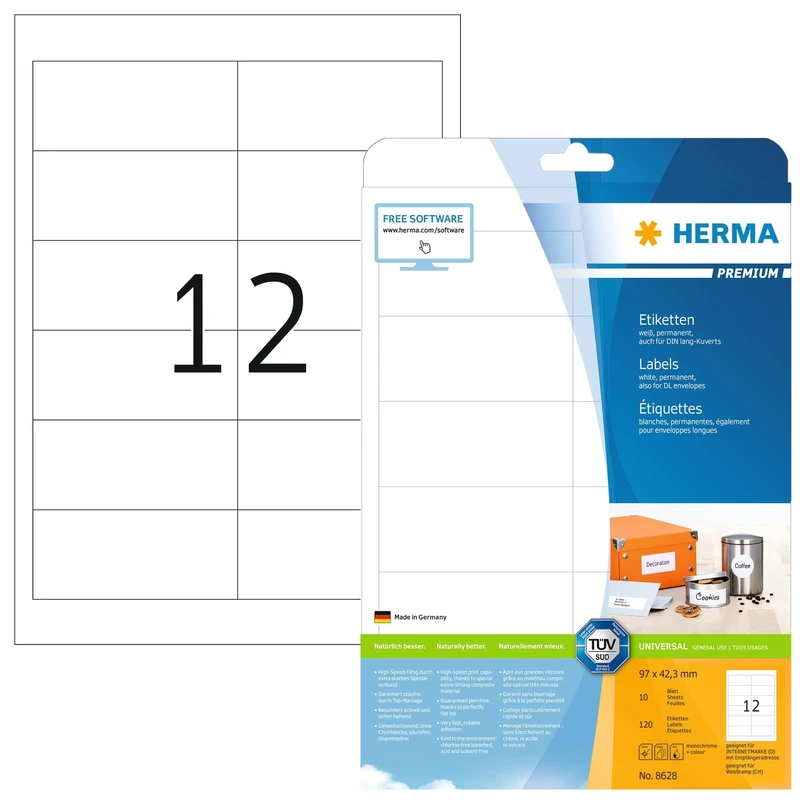 HERMA Self Adhesive Multipurpose Labels, 12 Labels per A4 Sheet, 320 Sheets, 97 x 42.3 mm, 3840 Labels, Blank Universal Labels Stickers, Sticky Labels for Laser & Inkjet Printer, White