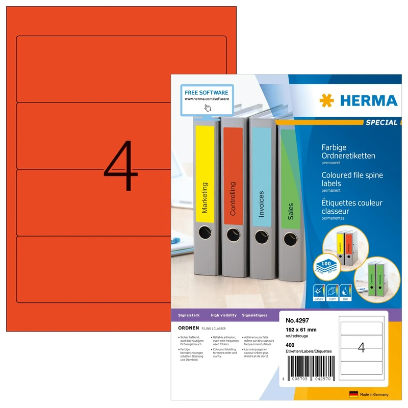 HERMA Self Adhesive Spine Labels, 4 Labels per A4 Sheet, 1400 Sheets, 192 x 61 mm, 5600 Labels, Blank Lever Arch File Folder Labels Stickers, Sticky Labels for Laser & Inkjet Printer, Red