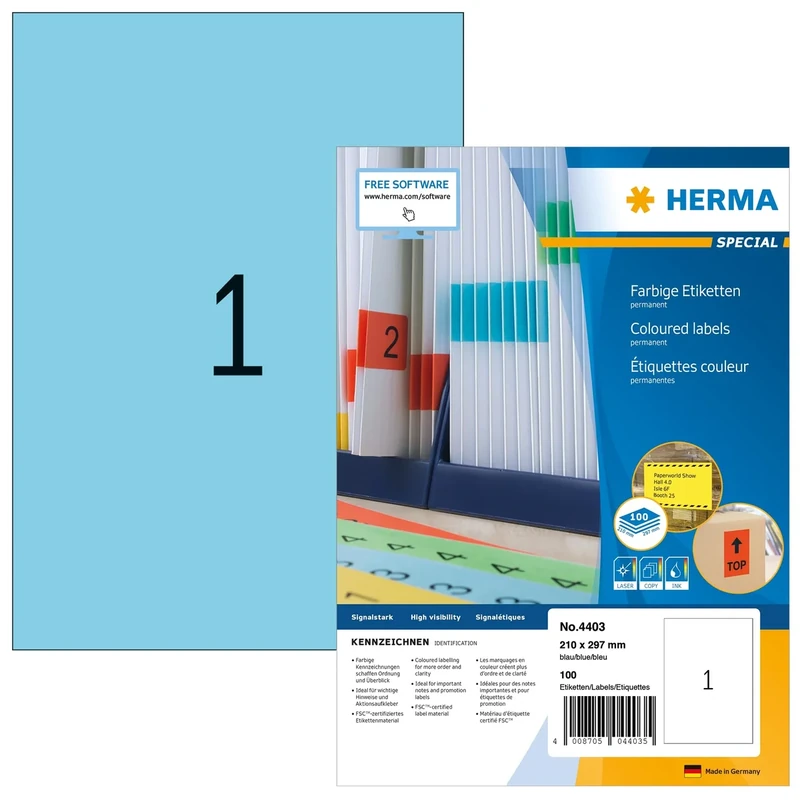 HERMA Self Adhesive Coloured Labels, 1 Label per A4 Sheet, 1400 Sheets, 210 x 297 mm, 1400 Labels, Blank Colour Labels Stickers, Sticky Labels for Laser & Inkjet Printer, Blue