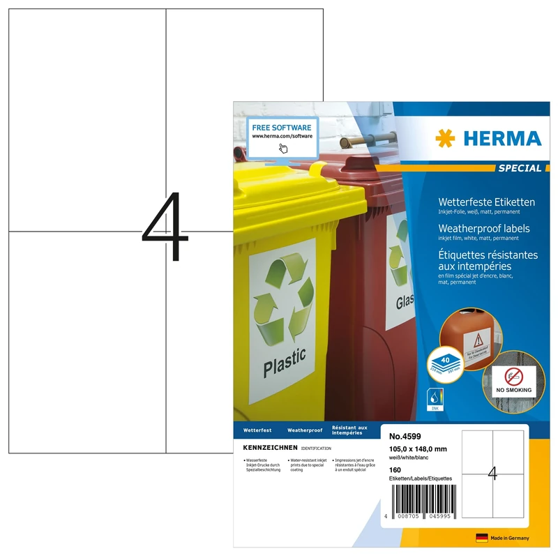 HERMA Self Adhesive Inkjet Labels, 4 Labels per A4 Sheet, 560 Sheets, 105 x 148 mm, 2240 Labels, Blank Weatherproof Film Labels Stickers, Sticky Labels for Inkjet Printer, White