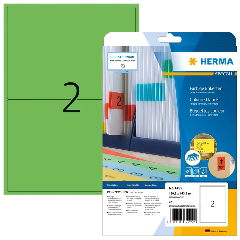 HERMA Self Adhesive Coloured Labels, 2 Labels per A4 Sheet, 640 Sheets, 199.6 x 143.5 mm, 1280 Labels, Blank Removable Colour Labels Stickers, Sticky Labels for Laser & Inkjet Printer, Green
