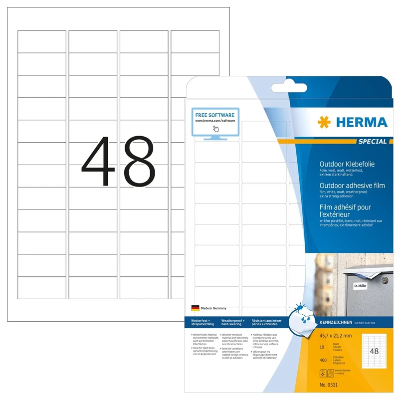 HERMA Self Adhesive Film Labels, 48 Labels per A4 Sheet, 320 Sheets, 45.7 x 21.2 mm, 15360 Labels, Blank Weatherproof Labels Stickers, Sticky Labels for Laser & Inkjet Printer, White - Image 1