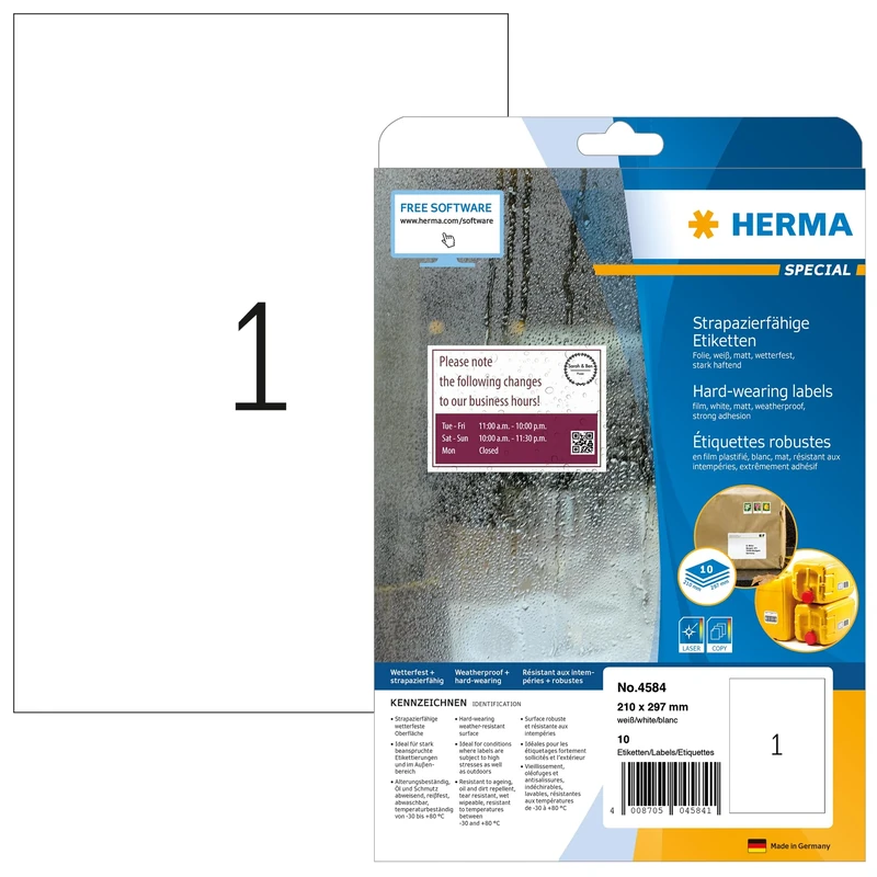 HERMA Self Adhesive Film Labels, 1 Label per A4 Sheet, 320 Sheets, 210 x 297 mm, 320 Labels, Blank Weatherproof Labels Stickers, Sticky Labels for Laser & Inkjet Printer, White