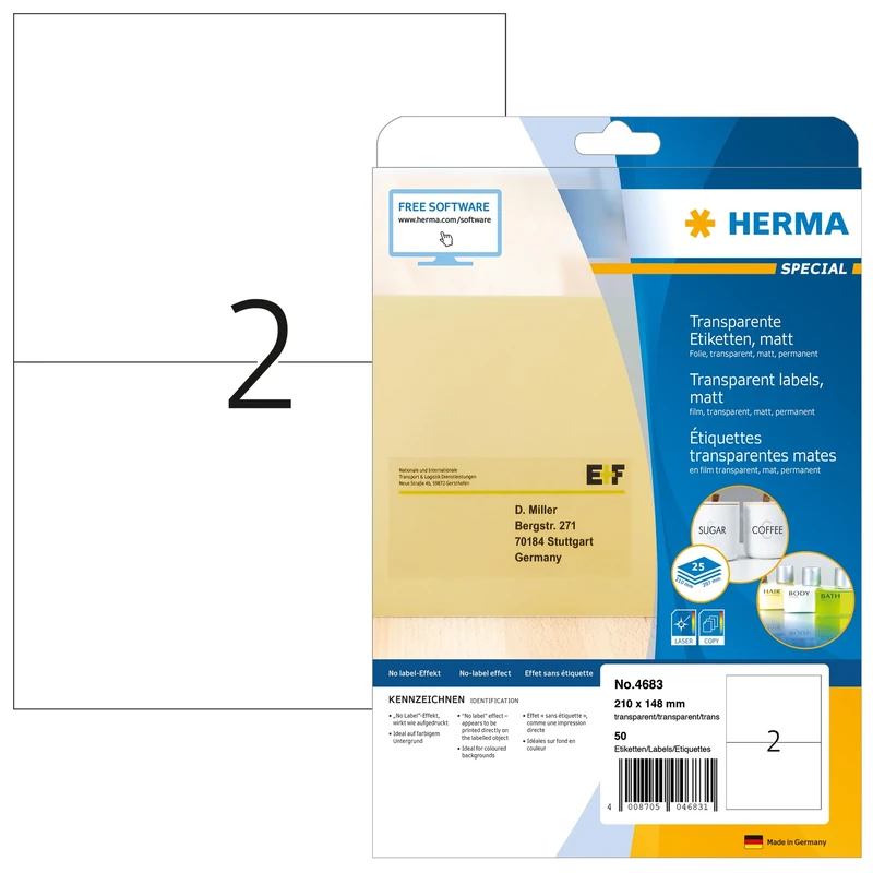 HERMA Self Adhesive Clear Film Labels, 2 Labels per A4 Sheet, 800 Sheets, 210 x 148 mm, 1600 Labels, Blank Weatherproof Labels Stickers, Sticky Labels for Laser & Inkjet Printer, Transparent