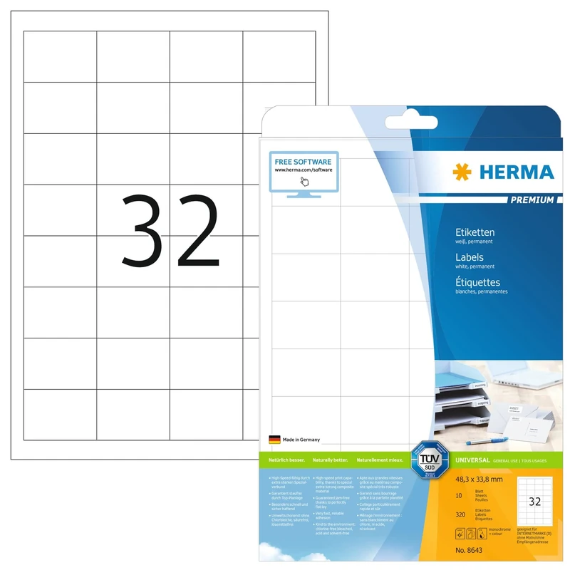 HERMA Self Adhesive Multipurpose Labels, 32 Labels per A4 Sheet, 320 Sheets, 48.3 x 33.8 mm, 10240 Labels, Blank Universal Labels Stickers, Sticky Labels for Laser & Inkjet Printer, White