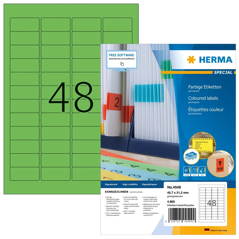 HERMA Self Adhesive Coloured Labels, 48 Labels per A4 Sheet, 1400 Sheets, 45.7 x 21.2 mm, 67200 Labels, Blank Colour Labels Stickers, Sticky Labels for Laser & Inkjet Printer, Green