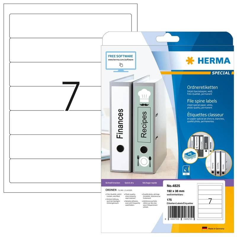HERMA Self Adhesive Spine Labels, 7 Labels per A4 Sheet, 800 Sheets, 192 x 38 mm, 5600 Labels, Blank Lever Arch File Folder Labels Stickers, Sticky Labels for Laser & Inkjet Printer, White