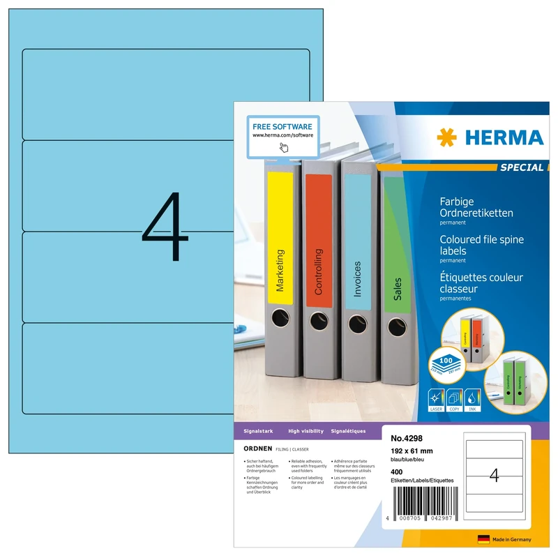 HERMA Self Adhesive Spine Labels, 4 Labels per A4 Sheet, 1400 Sheets, 192 x 61 mm, 5600 Labels, Blank Lever Arch File Folder Labels Stickers, Sticky Labels for Laser & Inkjet Printer, Blue