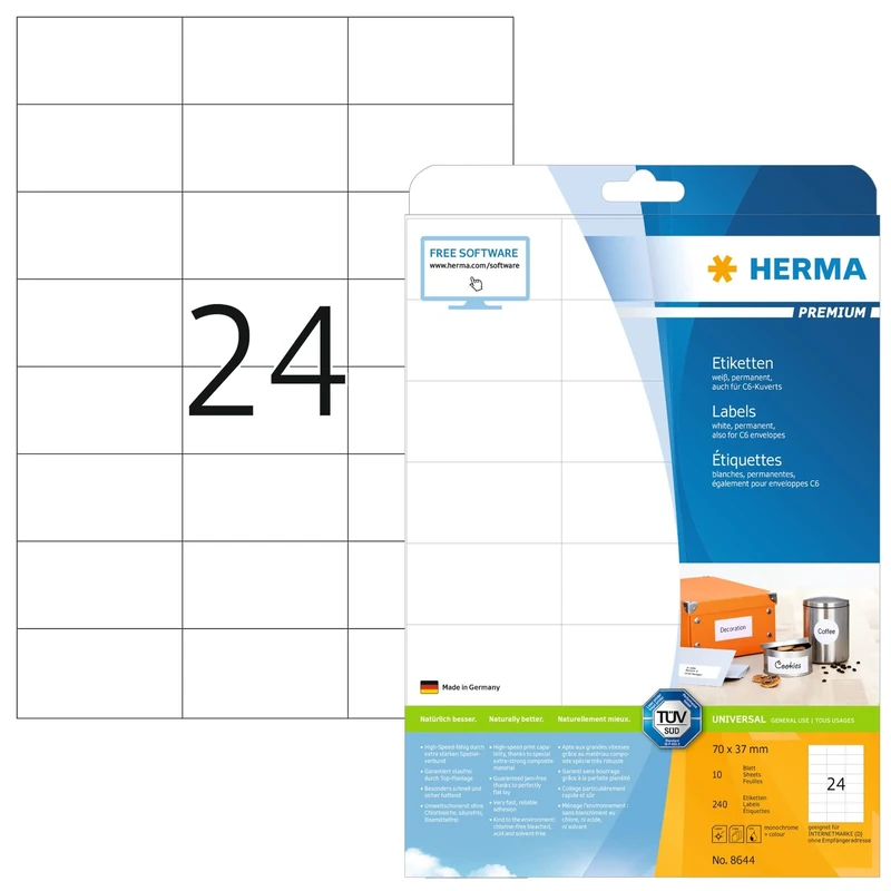 HERMA Self Adhesive Address Labels, 24 Labels per A4 Sheet, 320 Sheets, 70 x 37 mm, 7680 Labels, Blank Mailing Labels Stickers, Sticky Labels for Laser & Inkjet Printer, White
