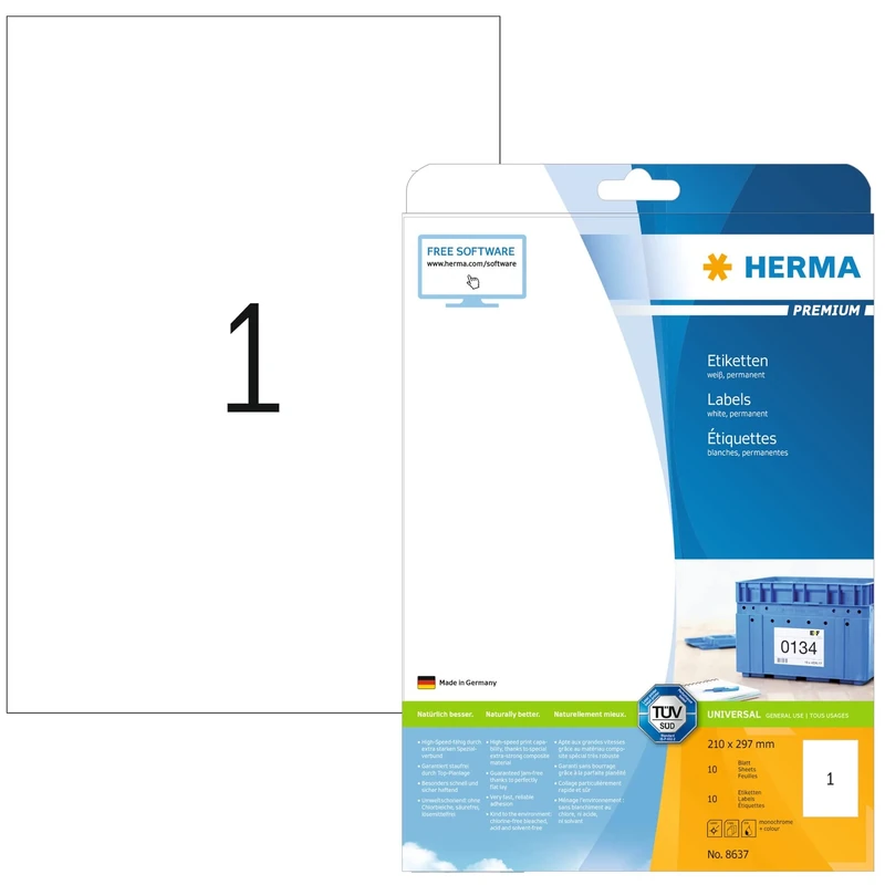 HERMA Self Adhesive Multipurpose Labels, 1 Label per A4 Sheet, 320 Sheets, 210 x 297 mm, 320 Labels, Blank Universal Labels Stickers, Sticky Labels for Laser & Inkjet Printer, White
