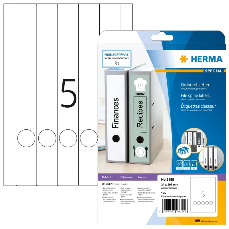 HERMA Self Adhesive Spine Labels, 5 Labels per A4 Sheet, 800 Sheets, 34 x 297 mm, 4000 Labels, Blank Lever Arch File Folder Labels Stickers, Sticky Labels for Laser & Inkjet Printer, White
