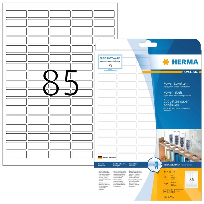 HERMA Extra Strong Adhesive Labels, 85 Labels per A4 Sheet, 800 Sheets, 37 x 13 mm, 68000 Labels, Blank Heavy Duty Labels Stickers, Sticky Labels for Laser & Inkjet Printer, White