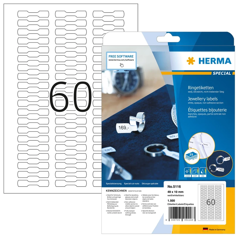 HERMA Self Adhesive Jewellery Labels, 60 Labels per A4 Sheet, 800 Sheets, 49 x 10 mm, 48000 Labels, Blank Price Tag Labels Stickers, Sticky Ring Labels for Laser & Inkjet Printer, White