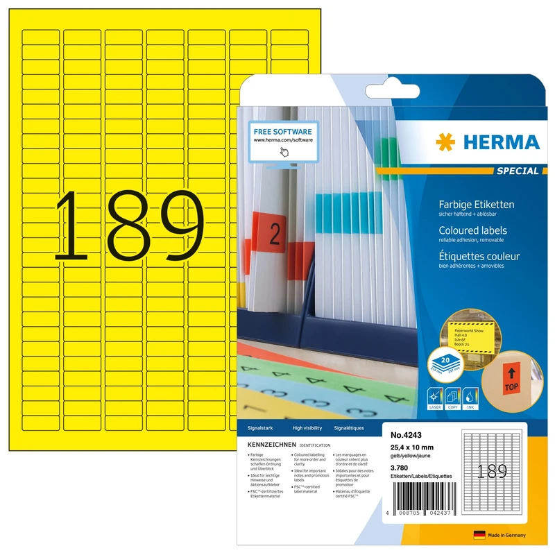 HERMA Self Adhesive Coloured Labels, 189 Labels per A4 Sheet, 640 Sheets, 25.4 x 10 mm, 120960 Labels, Blank Removable Colour Labels Stickers, Sticky Labels for Laser & Inkjet Printer, Yellow