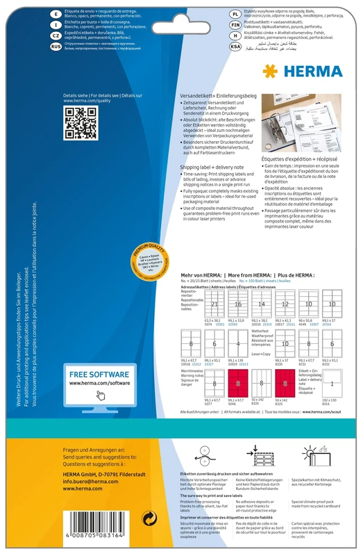 HERMA Self Adhesive Integrated Labels, 1 Label per A4 Sheet, 800 Sheets, 182 x 130 mm, 800 Labels, Blank Address Label Peel Off Delivery Note, Sticky Labels for Laser & Inkjet Printer, White