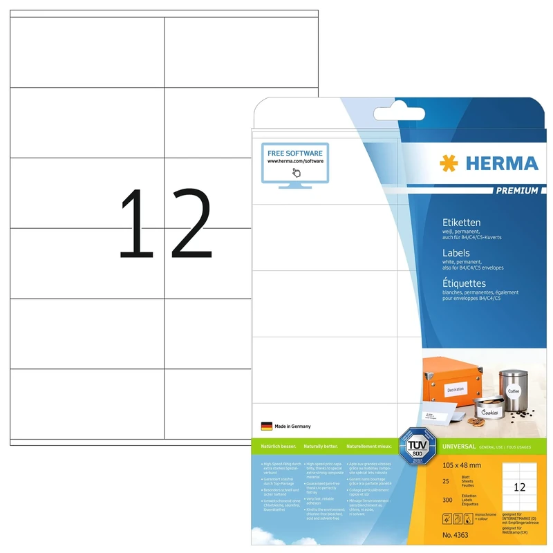 HERMA Self Adhesive Multipurpose Labels, 12 Labels per A4 Sheet, 800 Sheets, 105 x 48 mm, 9600 Labels, Blank Universal Labels Stickers, Sticky Labels for Laser & Inkjet Printer, White