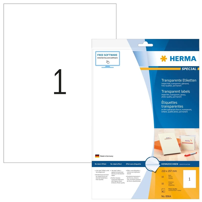 HERMA Self Adhesive Clear Film Inkjet Labels, 1 Label per A4 Sheet, 320 Sheets, 210 x 297 mm, 320 Labels, Blank Weatherproof Labels Stickers, Sticky Labels for Inkjet Printer, Transparent