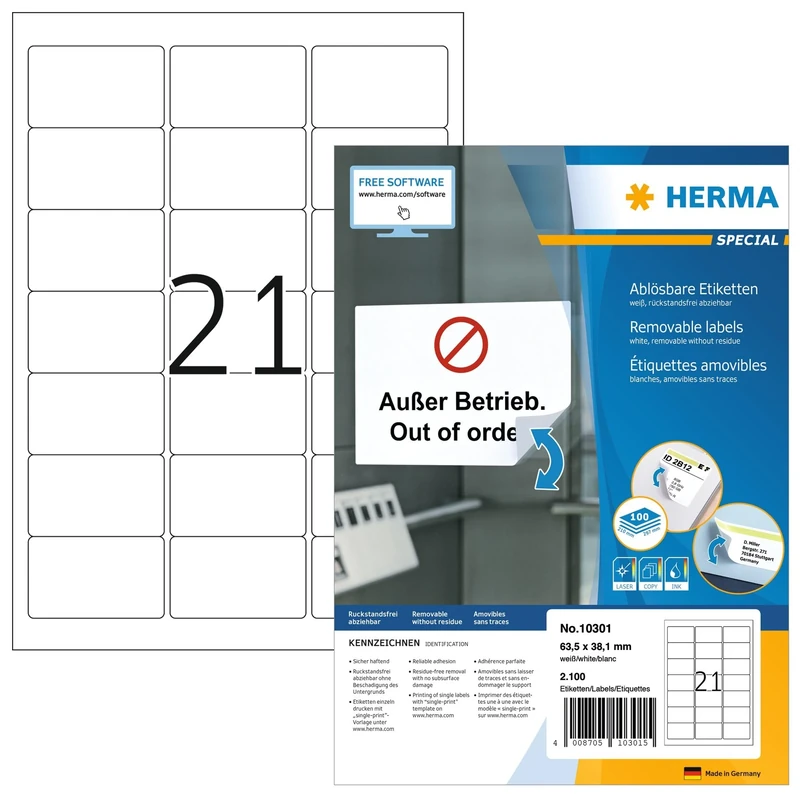 HERMA Self Adhesive Removable Labels, 21 Labels per A4 Sheet, 1400 Sheets, 63.5 x 38.1 mm, 29400 Labels, Blank Multipurpose Labels Stickers, Sticky Labels for Laser & Inkjet Printer, White