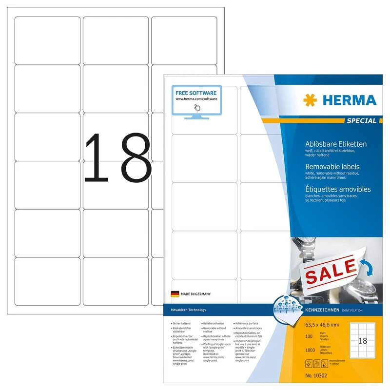HERMA Self Adhesive Removable Labels, 18 Labels per A4 Sheet, 1400 Sheets, 63.5 x 46.6 mm, 25200 Labels, Blank Multipurpose Labels Stickers, Sticky Labels for Laser & Inkjet Printer, White