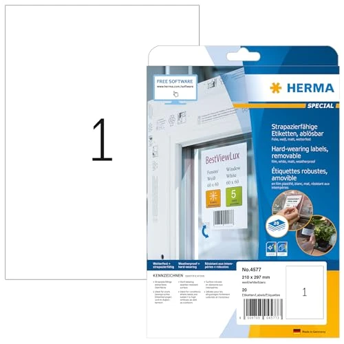 HERMA Self Adhesive Removable Film Labels, 1 Label per A4 Sheet, 640 Sheets, 210 x 297 mm, 640 Labels, Blank Weatherproof Labels Stickers, Sticky Labels for Laser & Inkjet Printer, White