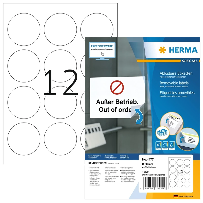 HERMA Self Adhesive Removable Round Labels, 12 Labels per A4 Sheet, 1400 Sheets, Ø 60 mm, 16800 Labels, Blank Multipurpose Labels Stickers, Sticky Dots for Laser & Inkjet Printer, White