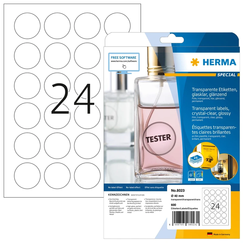 HERMA Self Adhesive Clear Film Labels, 24 Labels per A4 Sheet, 800 Sheets, Ø 40 mm, 19200 Labels, Blank Weatherproof Round Labels Stickers, Sticky Dots for Laser & Inkjet Printer, Transparent
