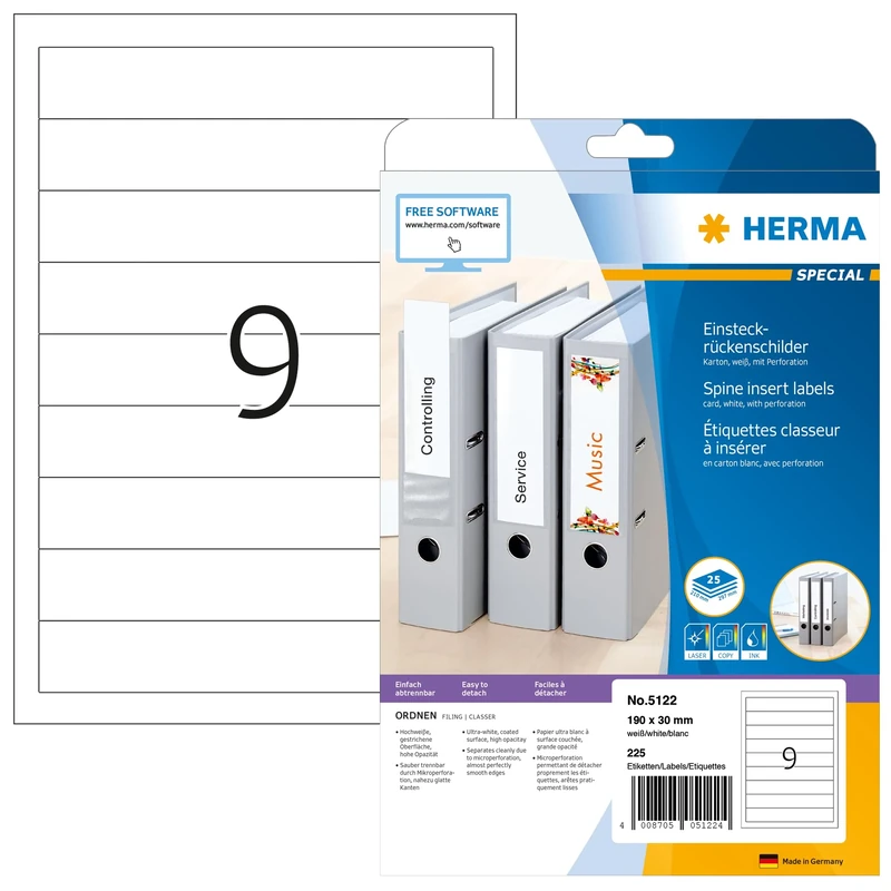 HERMA Spine Inserts with Micro-Perforation, 9 Labels per A4 Sheet, 800 Sheets, 190 x 30 mm, 7200 Labels, Blank Lever Arch File Folder Insert Labels, Card Inserts for Laser & Inkjet Printer, White