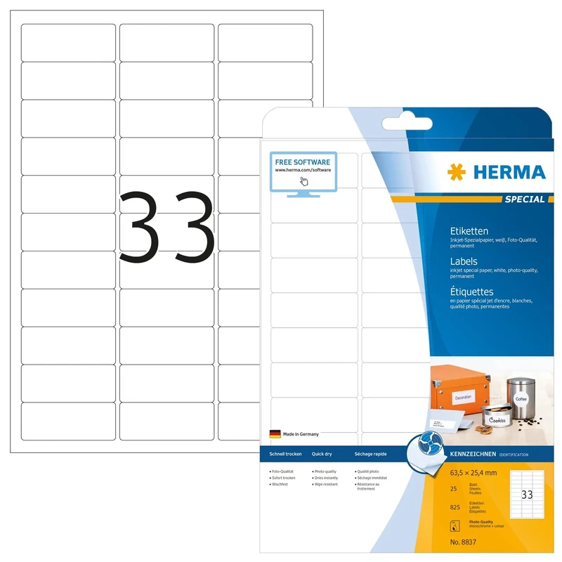 HERMA Self Adhesive Multipurpose Inkjet Labels, 33 Labels per A4 Sheet, 800 Sheets, 63.5 x 25.4 mm, 26400 Labels, Blank Universal Labels Stickers, Sticky Labels for Inkjet Printer, White