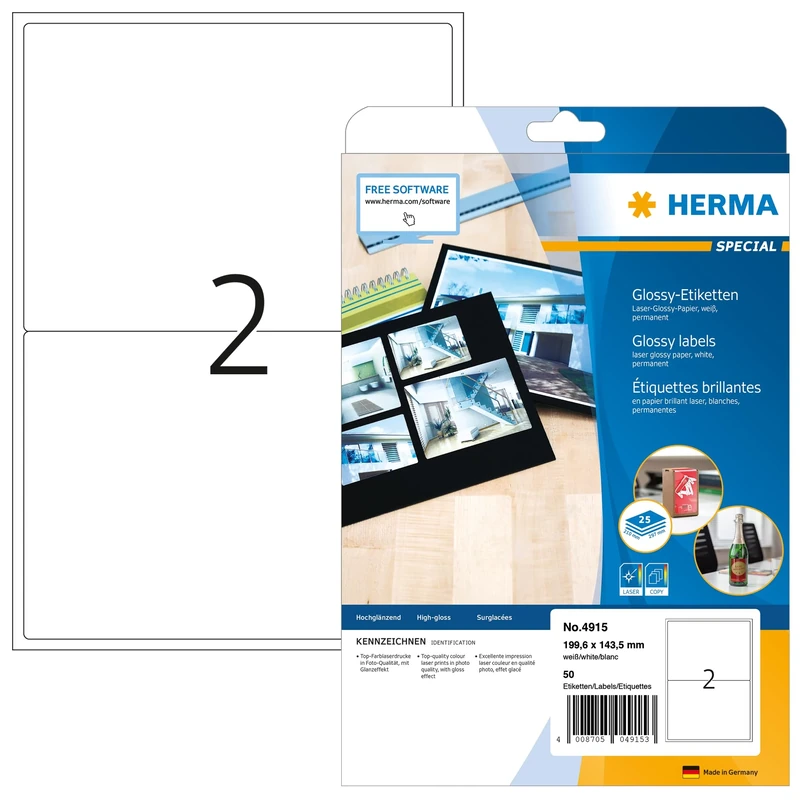 HERMA Self Adhesive High Gloss Labels, 2 Labels per A4 Sheet, 800 Sheets, 199.6 x 143.5 mm, 1600 Labels, Blank Photo Quality Labels Stickers, Sticky Labels for Laser Printer, White