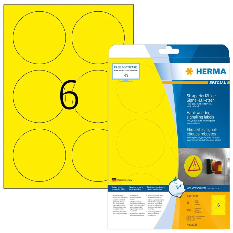HERMA Self Adhesive Film Labels, 6 Labels per A4 Sheet, 800 Sheets, Ø 85 mm, 4800 Labels, Blank Weatherproof Round Labels Stickers, Sticky Dots for Laser & Inkjet Printer, Yellow