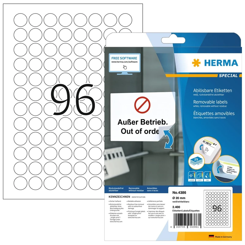 HERMA Self Adhesive Removable Round Labels, 96 Labels per A4 Sheet, 800 Sheets, Ø 20 mm, 76800 Labels, Blank Multipurpose Labels Stickers, Sticky Dots for Laser & Inkjet Printer, White