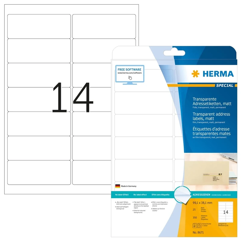 HERMA Self Adhesive Clear Film Labels, 14 Labels per A4 Sheet, 800 Sheets, 99.1 x 38.1 mm, 11200 Labels, Blank Weatherproof Labels Stickers, Sticky Labels for Laser & Inkjet Printer, Transparent