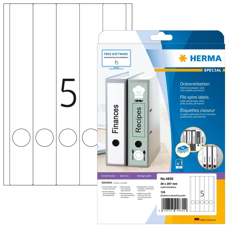 HERMA Self Adhesive Spine Labels, 5 Labels per A4 Sheet, 800 Sheets, 38 x 297 mm, 4000 Labels, Blank Lever Arch File Folder Labels Stickers, Sticky Labels for Laser & Inkjet Printer, White