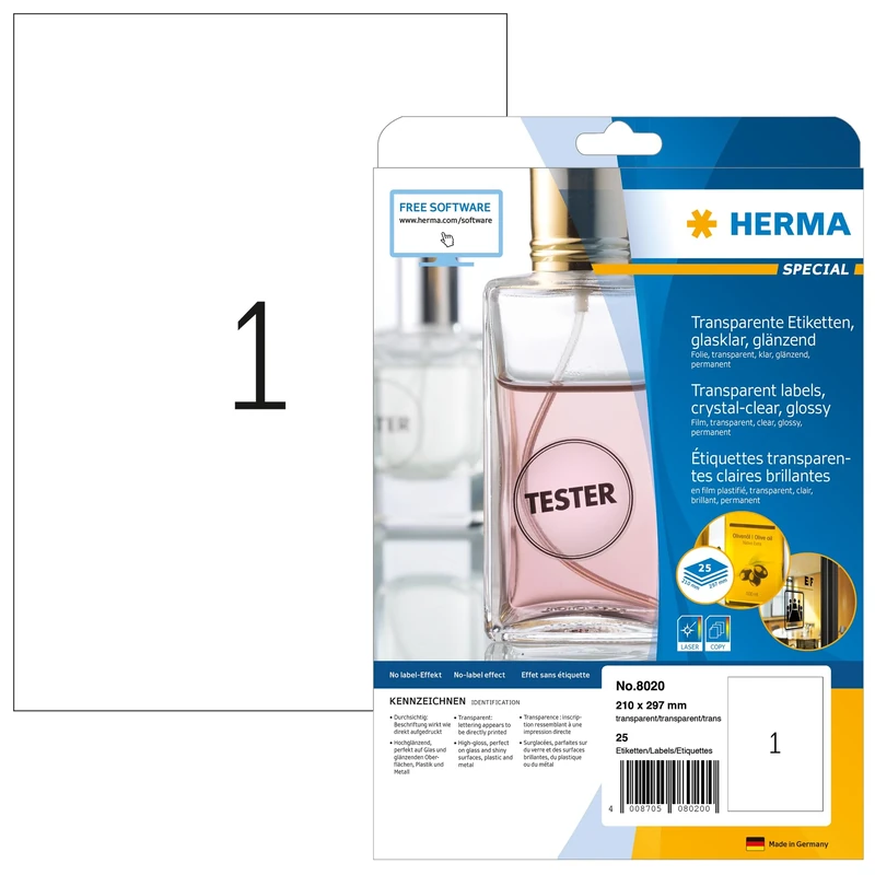 HERMA Self Adhesive Clear Film Labels, 1 Label per A4 Sheet, 800 Sheets, 210 x 297 mm, 800 Labels, Blank Weatherproof Labels Stickers, Sticky Labels for Laser & Inkjet Printer, Transparent
